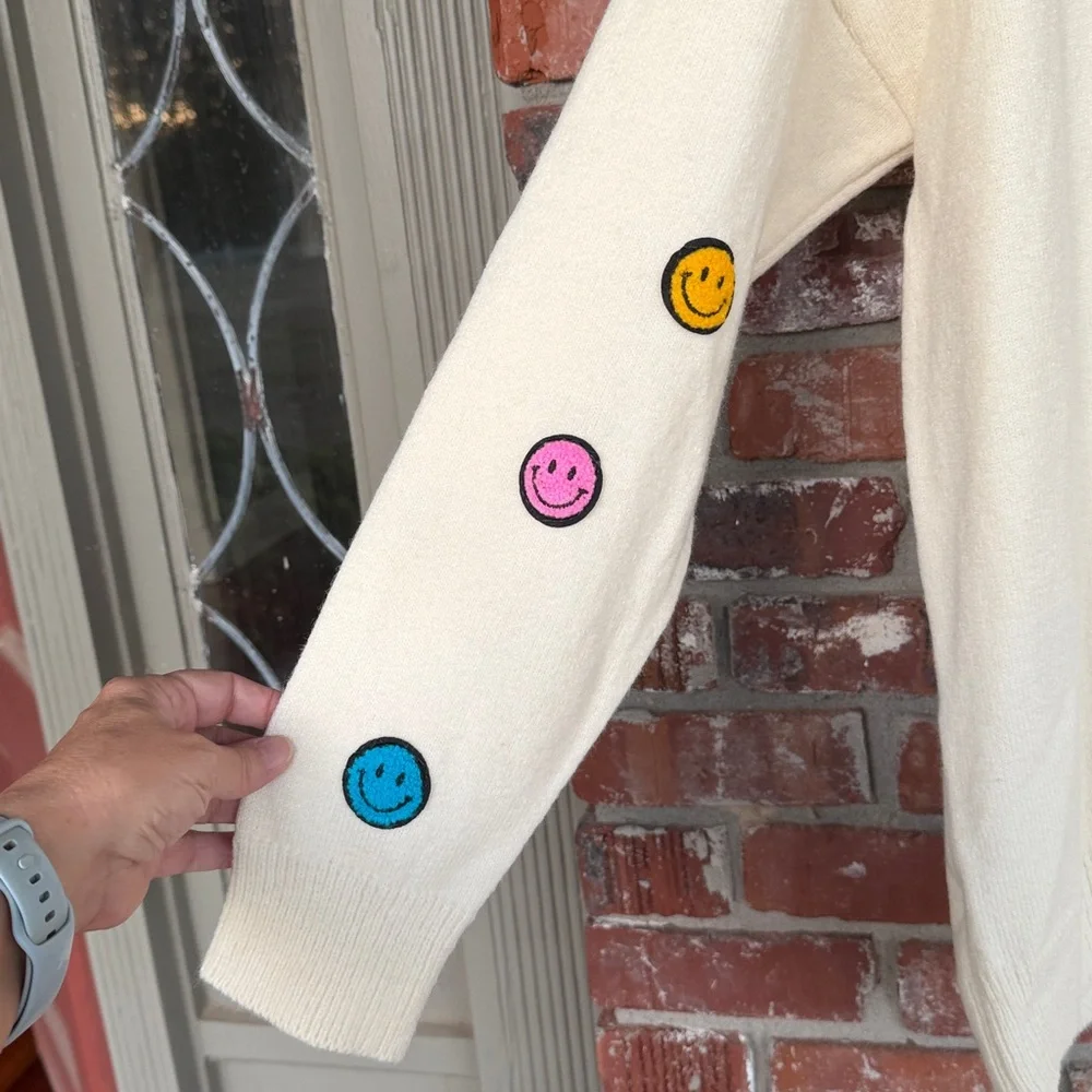Hazel & Olive Cream Sweater with Colorful Smiley Faces one size - Picture 4 of 8
